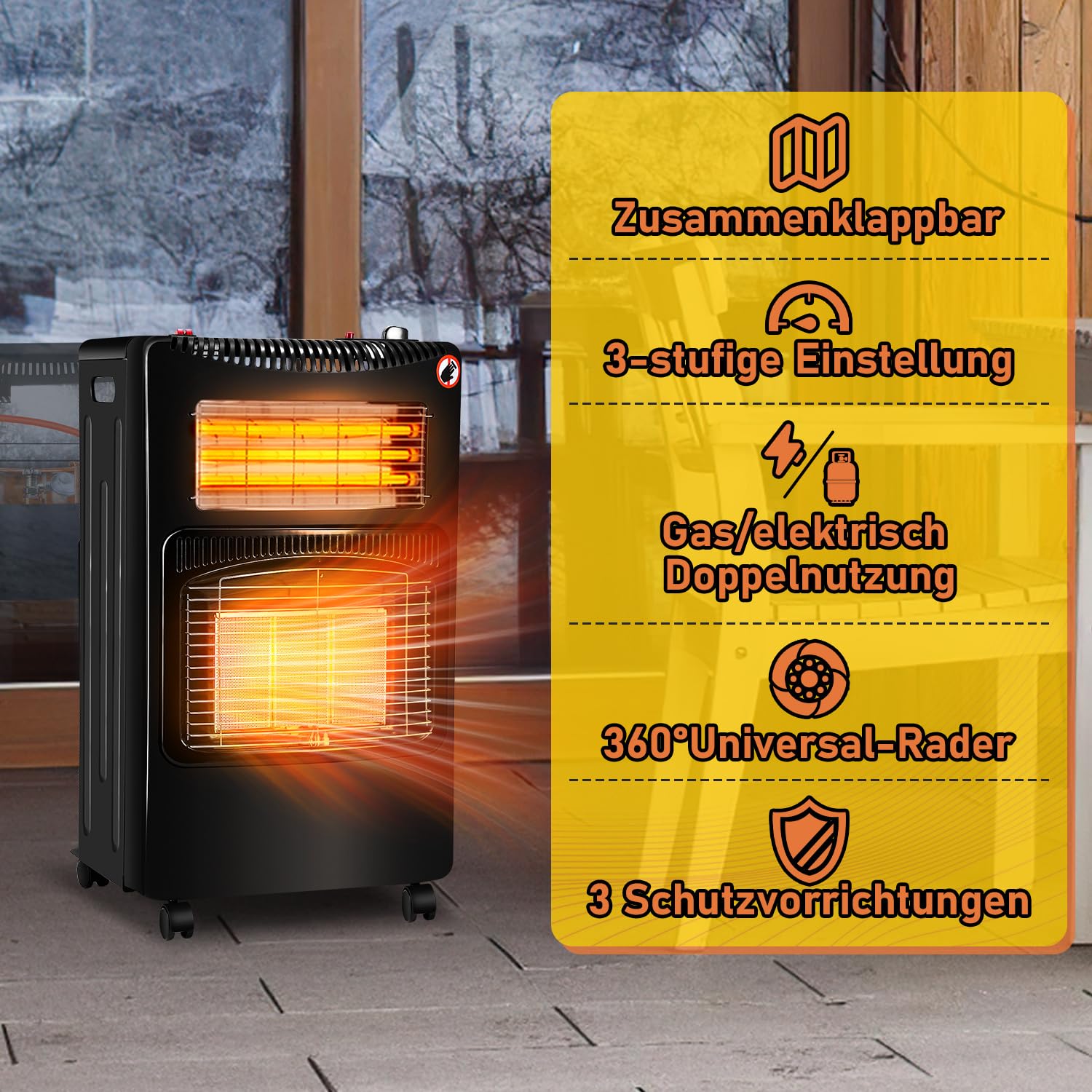 Grzejnik gazowy 4200 W, elektryczny grzejnik na podczerwień, ceramiczny palnik na podczerwień, ogrzewanie gazowe do wnętrz, piec gazowy do butli gazowych do 15 kg