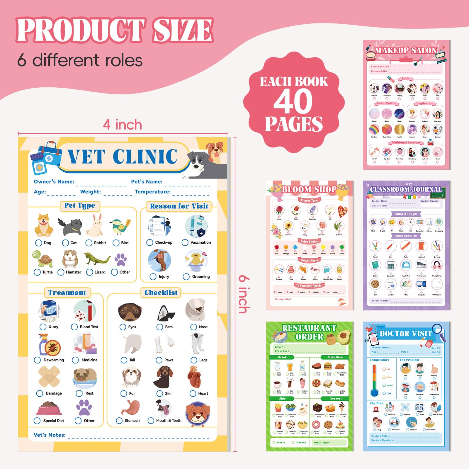 MOMOTONX 6 Pack Kids Pretend Play Notepads, 40 Pages Kids Playtime Pads, 4'' x 6'' Imaginative Role Play Activity Pads for Girls