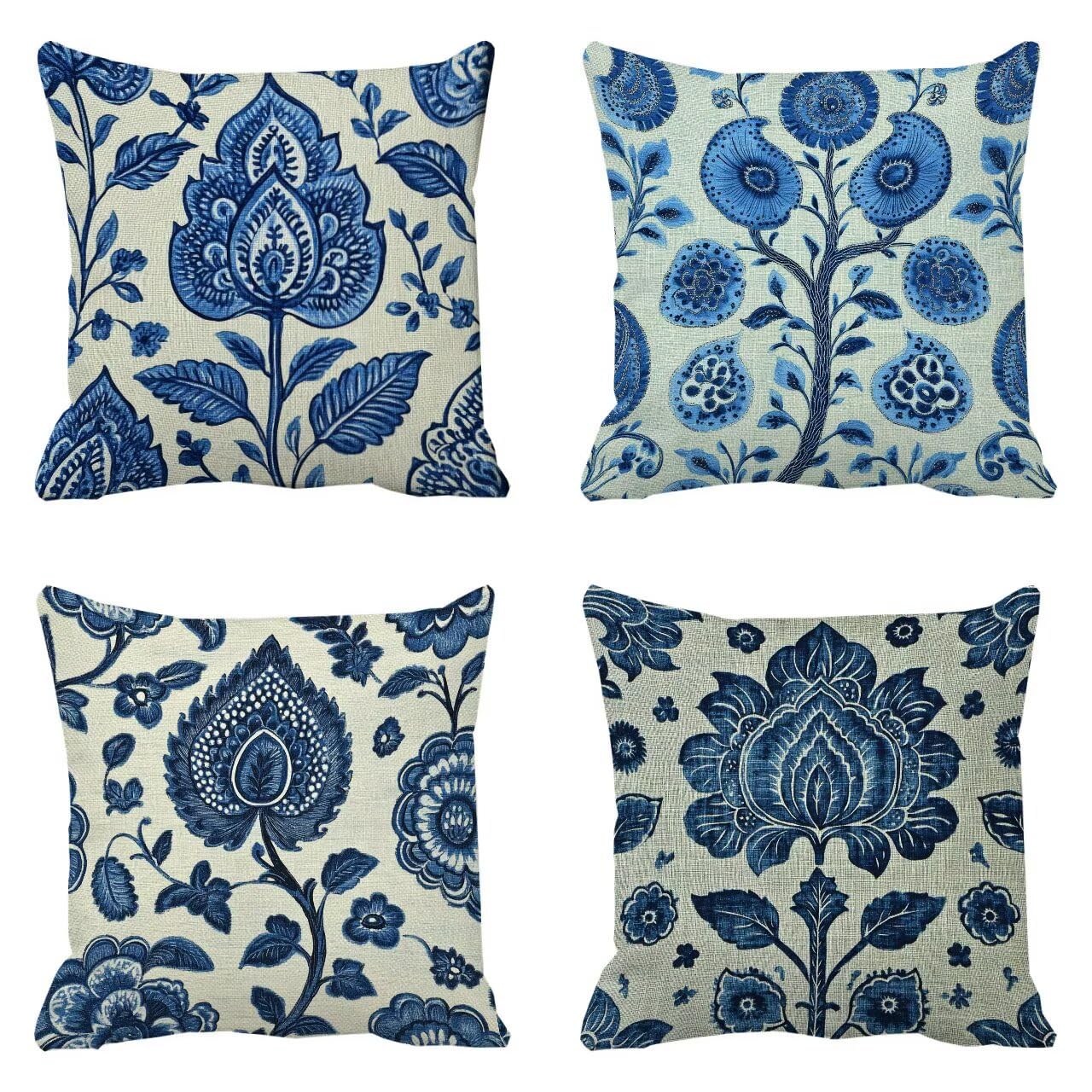 Coussin canape bleu fleurs de haute qualité en lin avec zip invisible