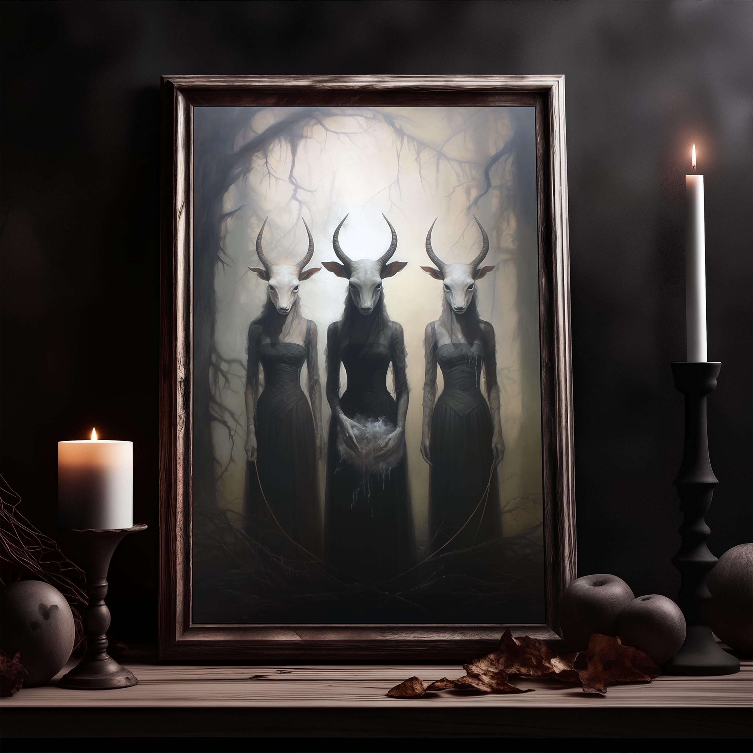 Witchy Goat Head Vintage Art Print: Cult Inspired Dark Academia Oil Painting, Gothic and Occult Home Decor