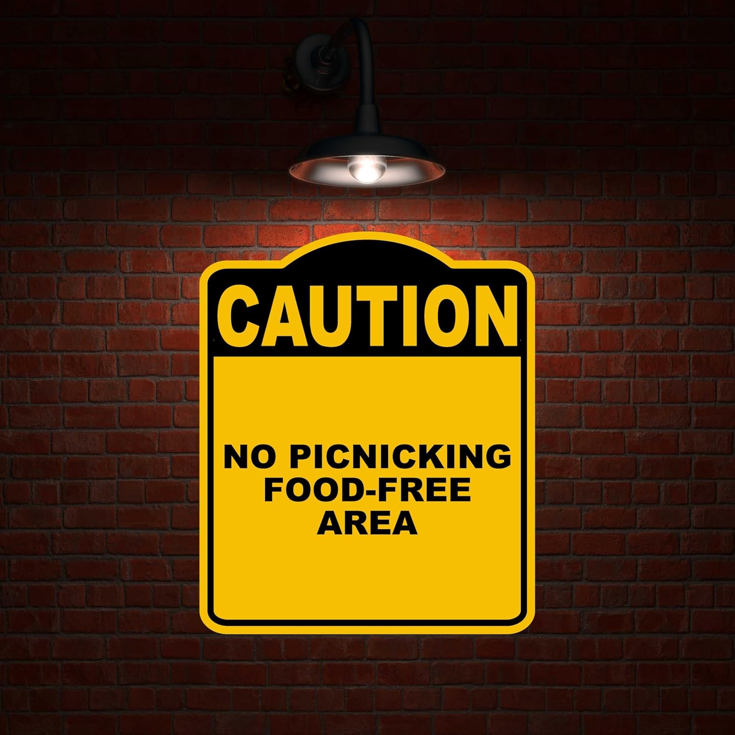 NO PICNICKING FOOD-FREE AREA Caution Yellow Black Aluminum Composite Sign 20 x 24 inches