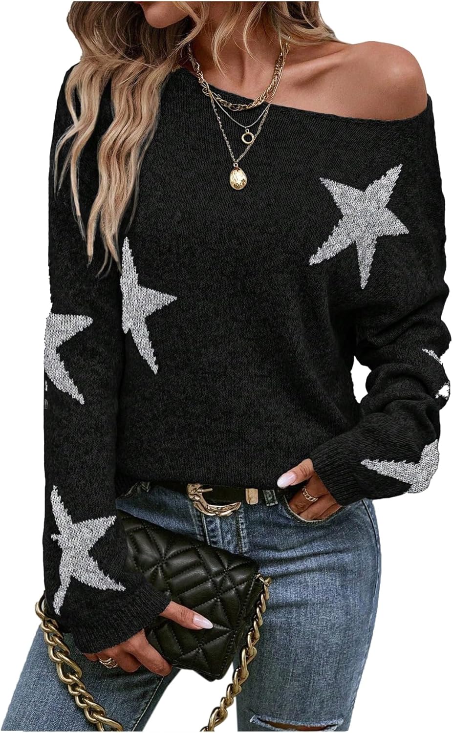 Women's Star Graphic Sweater Y2k Boat Neck Long Sleeve Knit Casual Pullover Tops