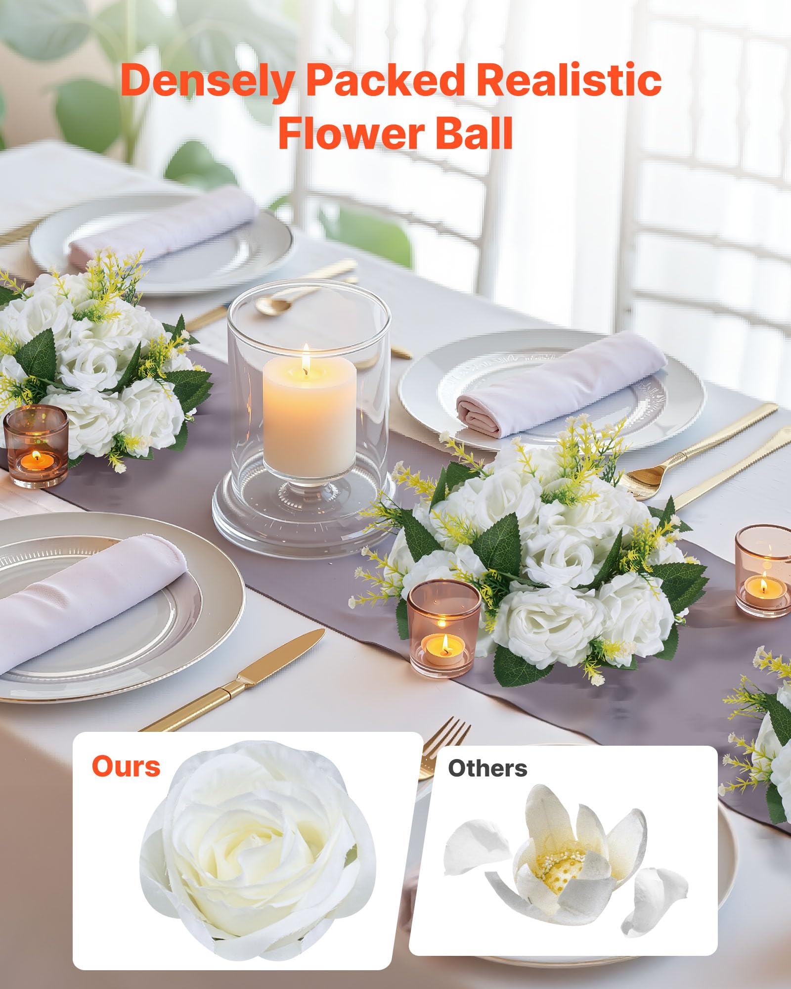VEVOR Boules de Fleurs Artificielles, Lot de 10, 24 cm, Compositions de Roses Blanches Artificielles, Fausses Fleurs Décoratives pour Centres de Table, Mariages, Saint-Valentin, Décoration d'Intérieur