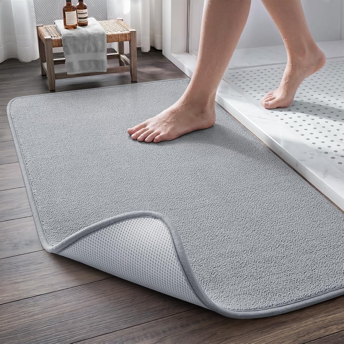 Super Absorbent Bath Mat, Low-Profile Bathroom Rug, Breathable Quick Dry Bathroom Mats for Floor, Machine Washable Thin Bath Rug for in Front of Sink Bathtub,Outside Shower, Grey, 17"x24"