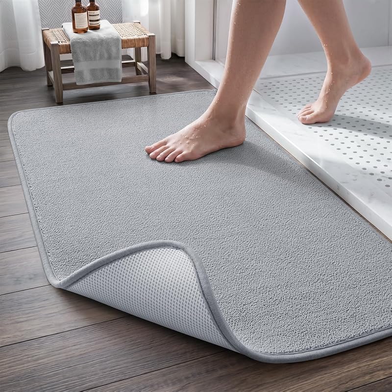Super Absorbent Bath Mat, Low-Profile Bathroom Rug, Breathable Quick Dry Bathroom Mats for Floor, Machine Washable Thin Bath Rug for in Front of Sink Bathtub,Outside Shower, Grey, 17"x24"