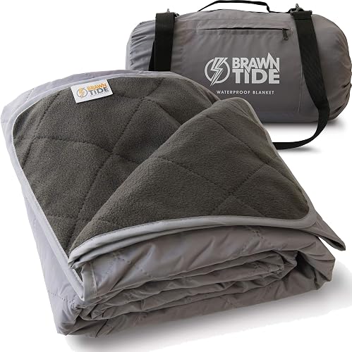 BRAWNTIDE Large Outdoor Waterproof Blanket - Great Beach Blanket, Stadium Blanket, Camping Blanket, Extra Thick Fleece, Warm, Sandproof, Ideal for Sunbathing, Yoga, Parks, Picnics, Dogs, Car (Gray)