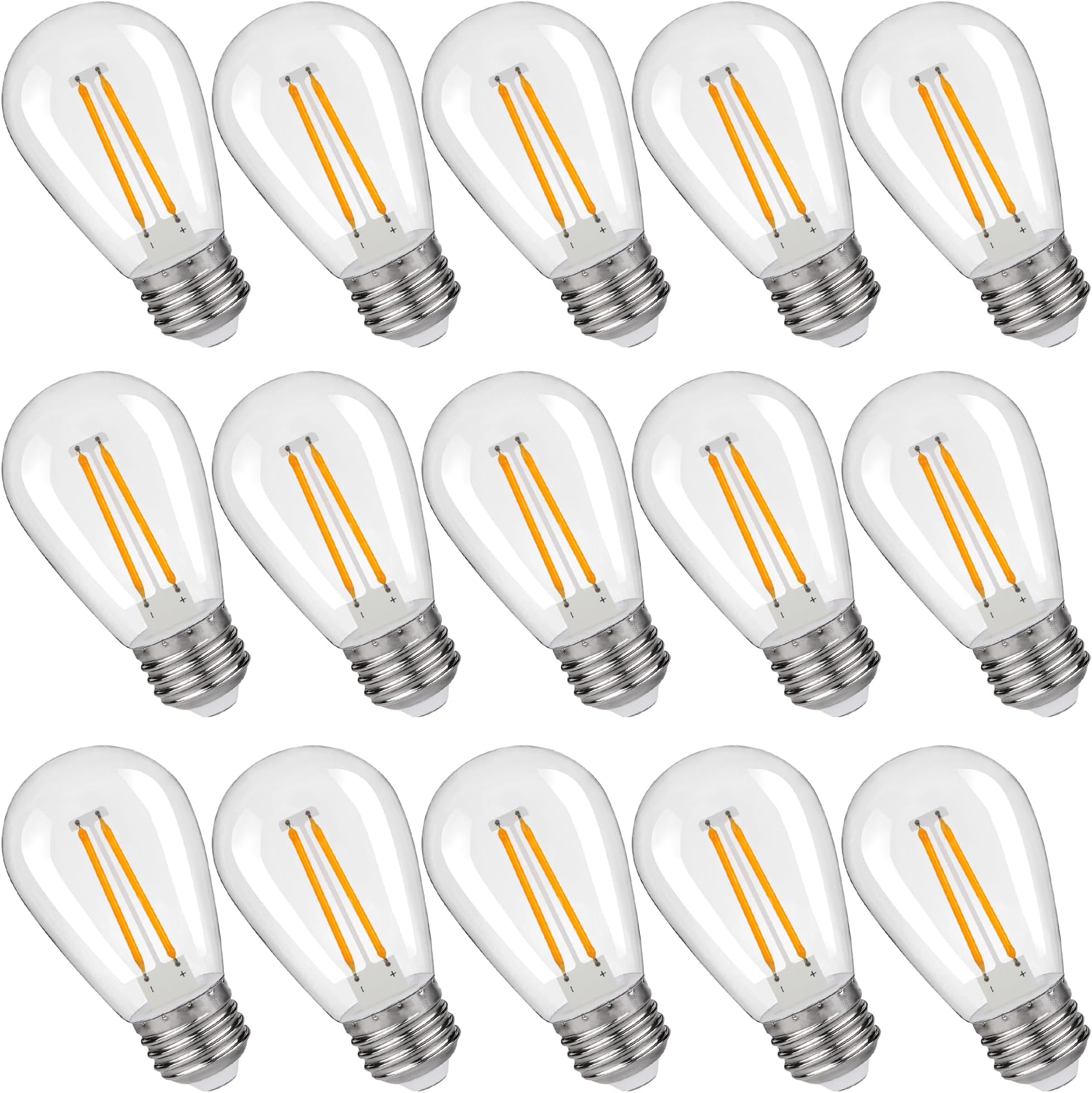 S14 Replacement LED Light Bulbs, Shatterproof & Waterproof 2W S14 Edison LED Bulbs, Outdoor String Lights, E26 Base Patio Lights, Warm White 2200K Plastic 150ML Non-Dimmable 15 Pack