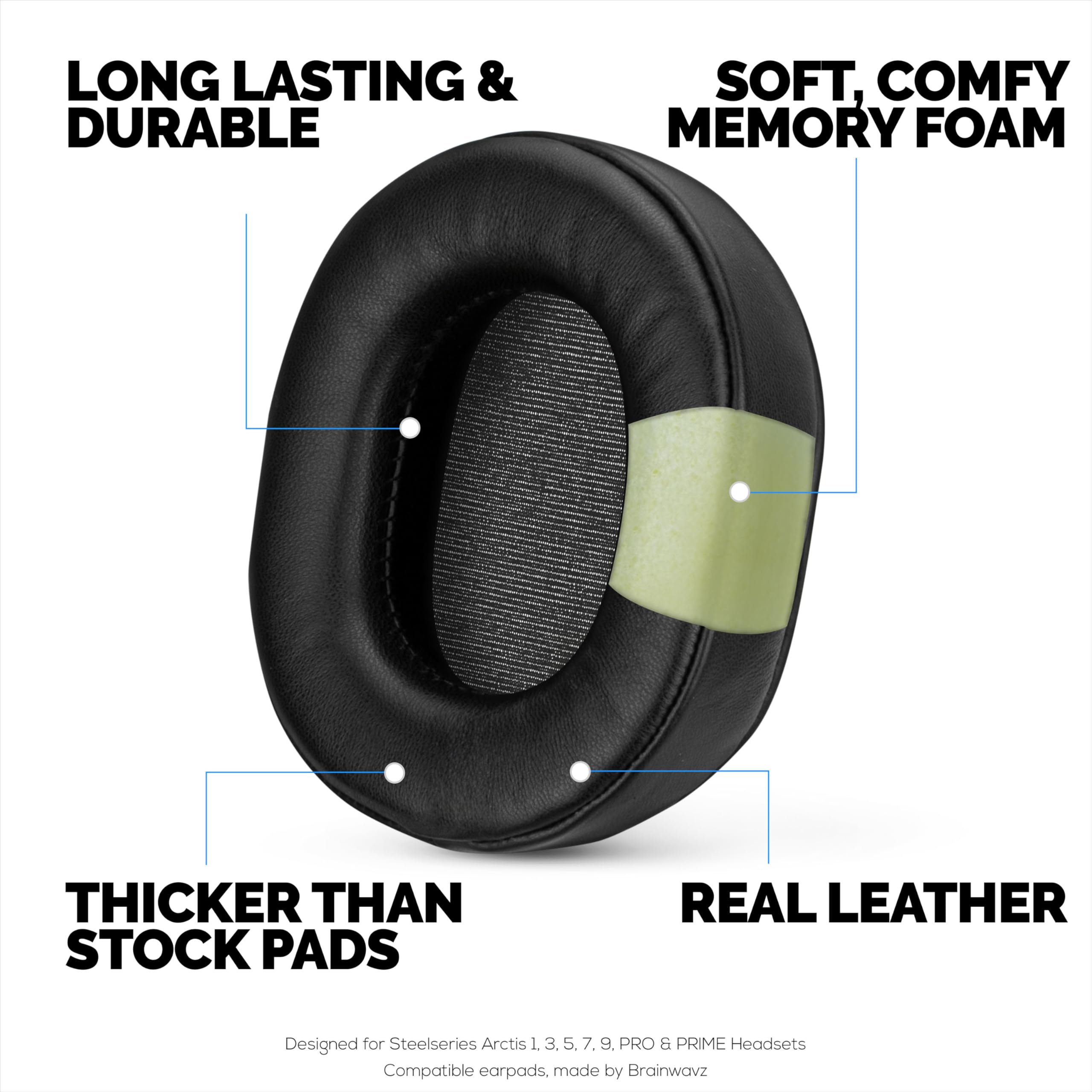Almohadillas de Piel de Oveja para Auriculares Steelseries Arctis 1, 3, 5, 7, 9, Pro y Prime, Piel auténtica con Espuma viscoelástica, más Gruesas, cómodas y duraderas Brainwavz