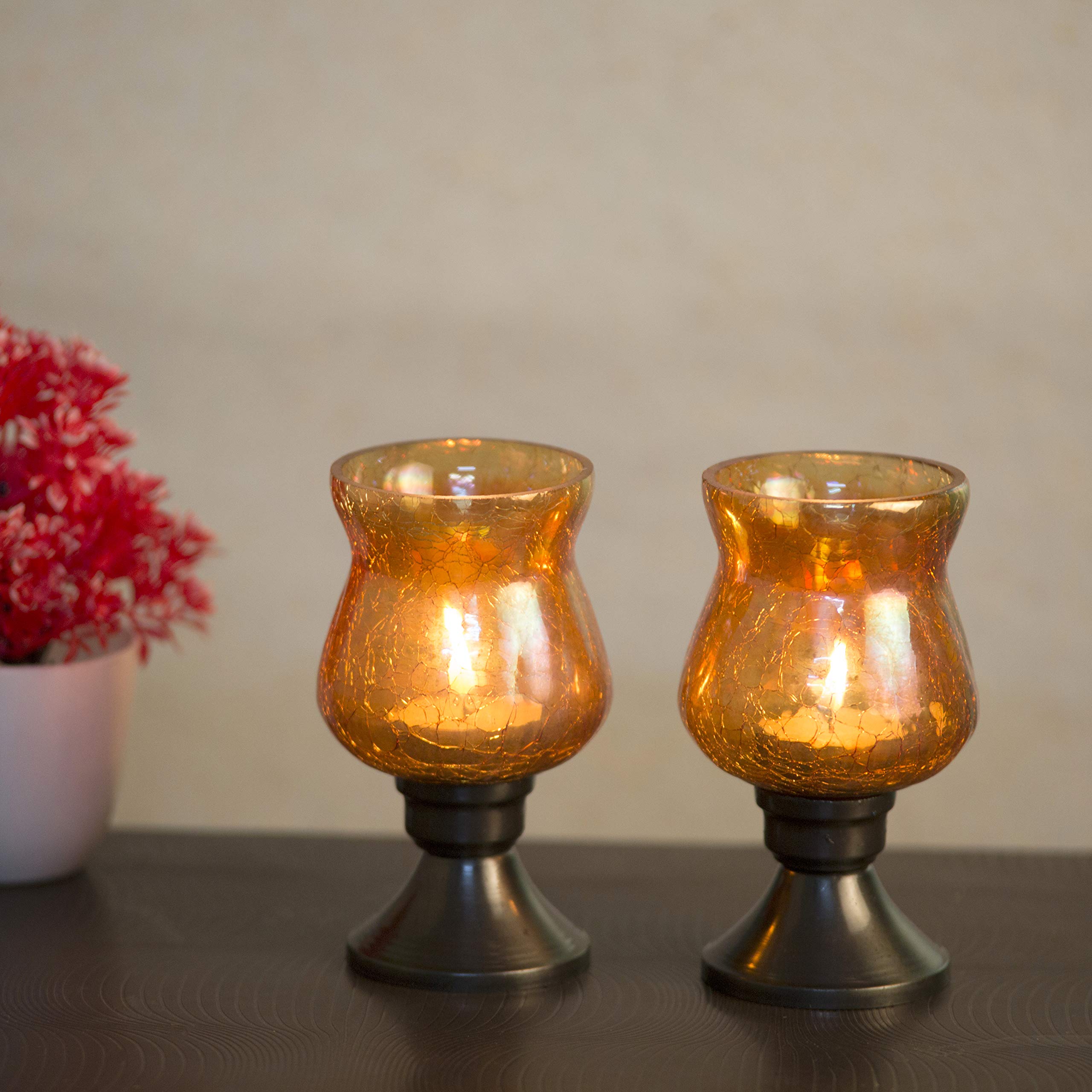 Ashiea Dikur Modern Lustre Crackle Hurricane Candle Holder Set of 2 / Tealight Holder for Bedroom/Dinning Area/Event Decoration (Grey )