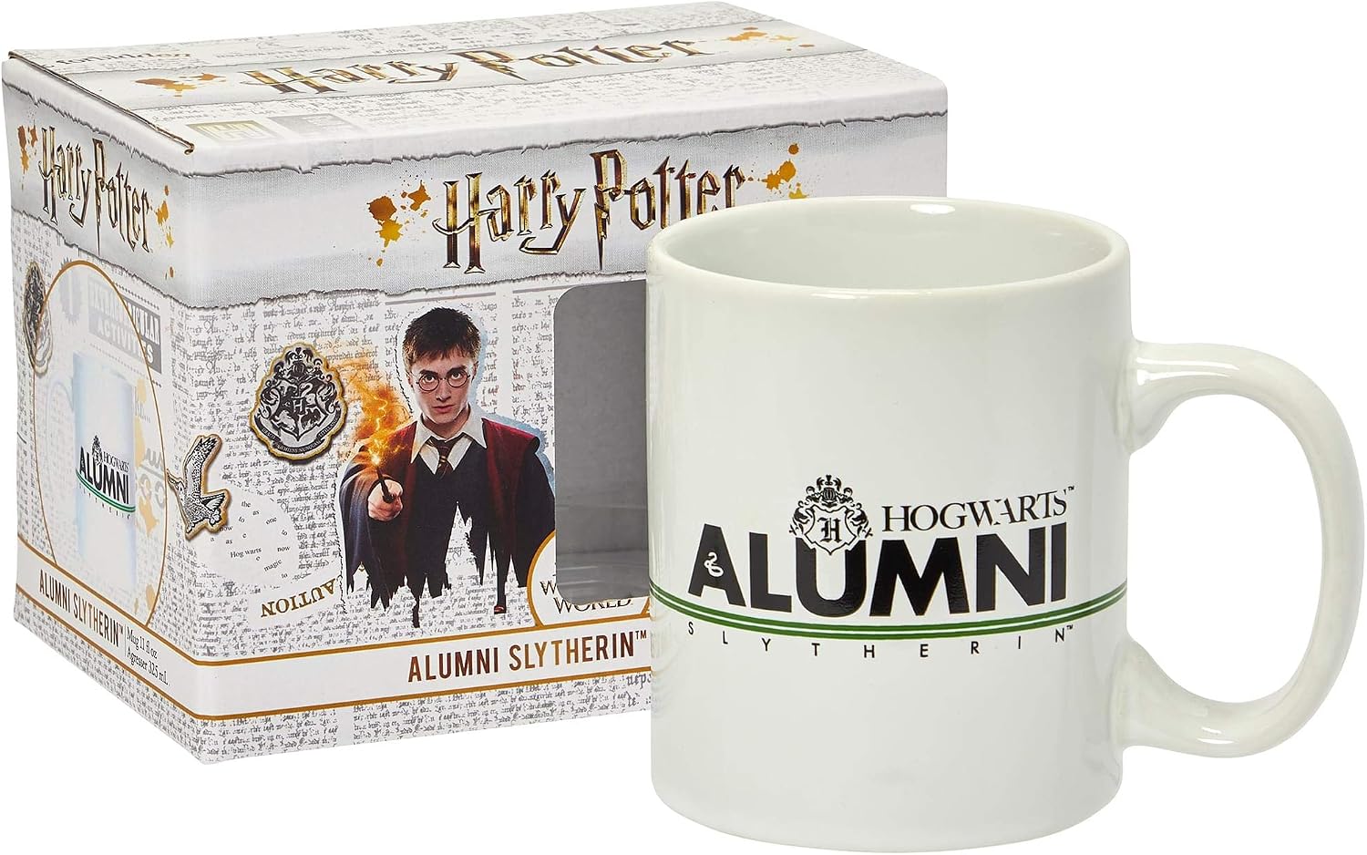 Harry Potter Slytherin Alumni 11-Oz Mug - White Ceramic Cup With Handle - Hogwarts Crest & House Green Stripe With Black Lettering - From Rowling's Wizarding World