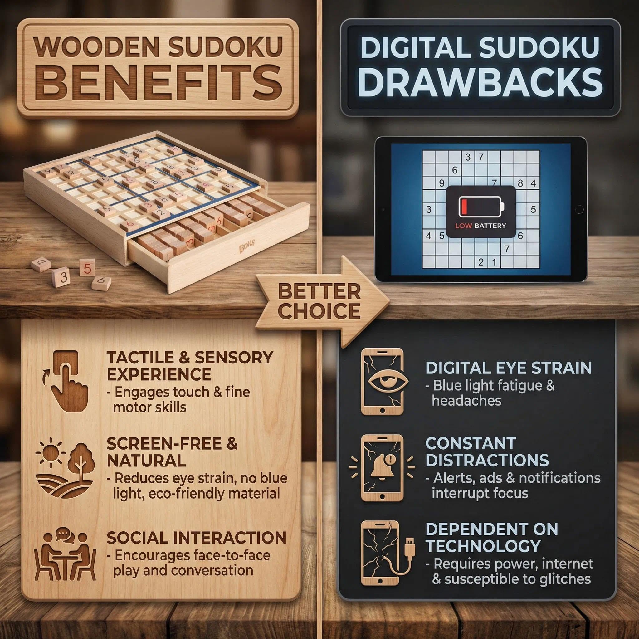 BOHS Gioco da Tavolo Sudoku in Legno con Cassetto per Adulti 100 Puzzle
