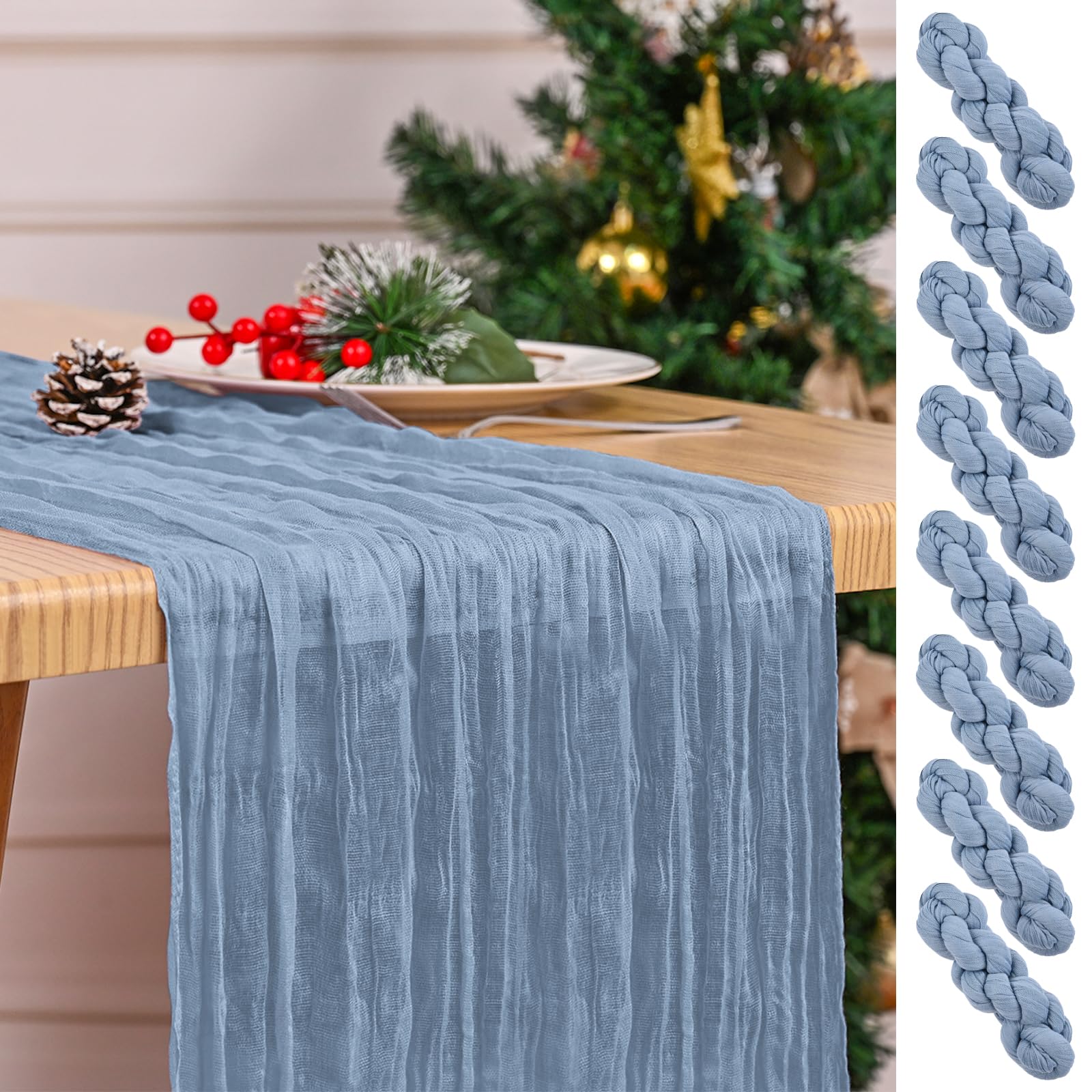8 Pack Dusty Blue Table Runner 17 x 108inch Cheesecloth Table Runner Boho Gauze Table Runners Romantic Rustic Sheer Fabric Cheese Cloth Table Runners for Wedding Party Bridal Shower Spring Table Decor