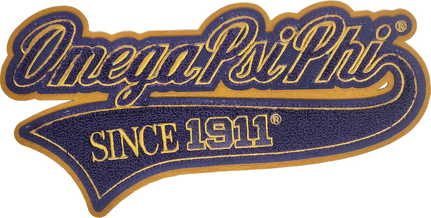 Omega Psi/Ψ Phi Vintage Tail Design Chenille Iron-On Patch [Purple/Gold - 12" W x 6" T] - ID#68401