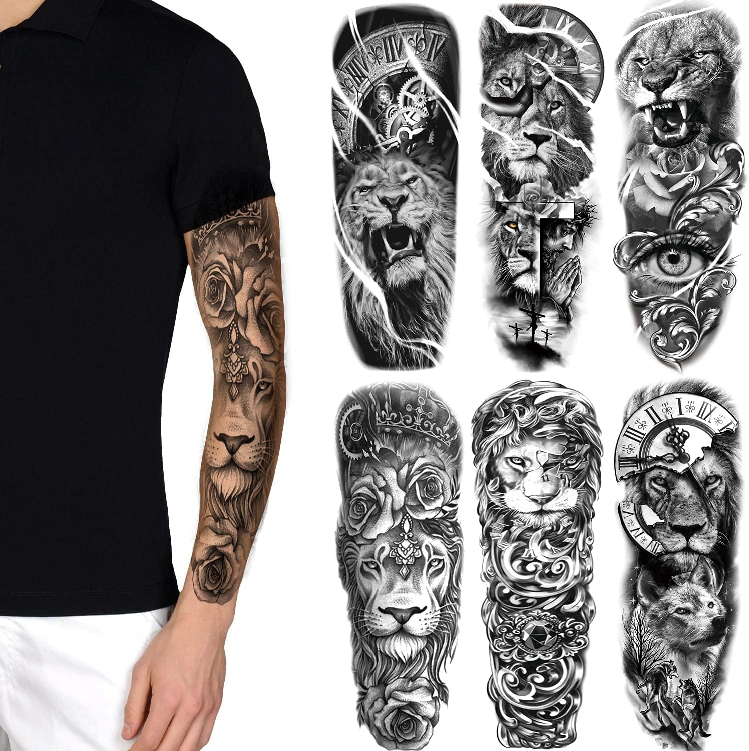 LEOARS Fake Lion Sleeve Tattoo Stickers, 6-Sheet Full Arm Lion Tiger Wolf Animal Temporary Tattoos Sleeves for Adult Kids Women Makeup