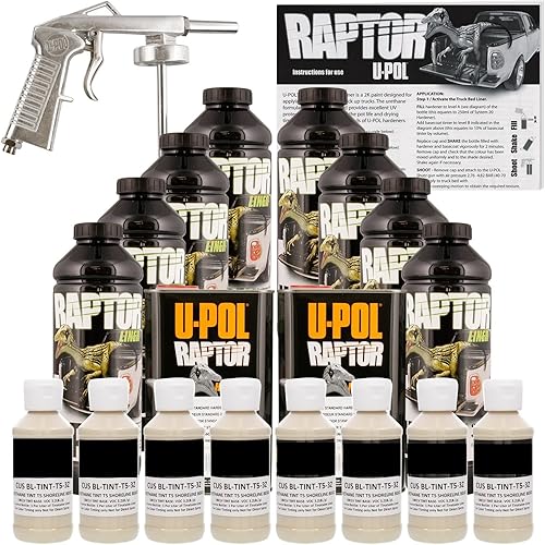 U-POL Raptor Shoreline - Kit de revestimiento en aerosol de uretano beige para caja de camioneta con pistola rociadora gratis, 8 litros