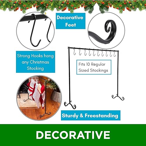 Miniatura 8 de BIRDROCK HOME Soporte para calcetines de Navidad de 10 ganchos | Estante independiente de metal de hierro ligero para decoración de vacaciones |