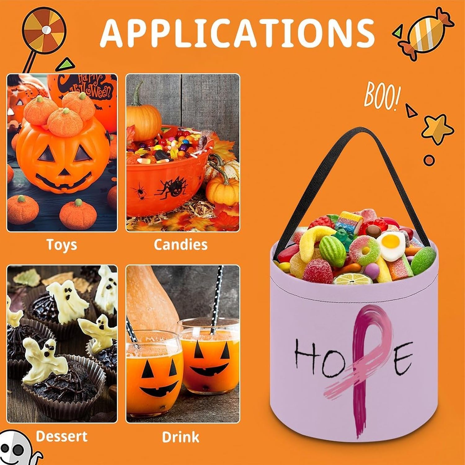 Ribbon Breast Cancer Awareness Halloween Treat Bag Reusable Candy Basket Tote Goody Bags Gift Party