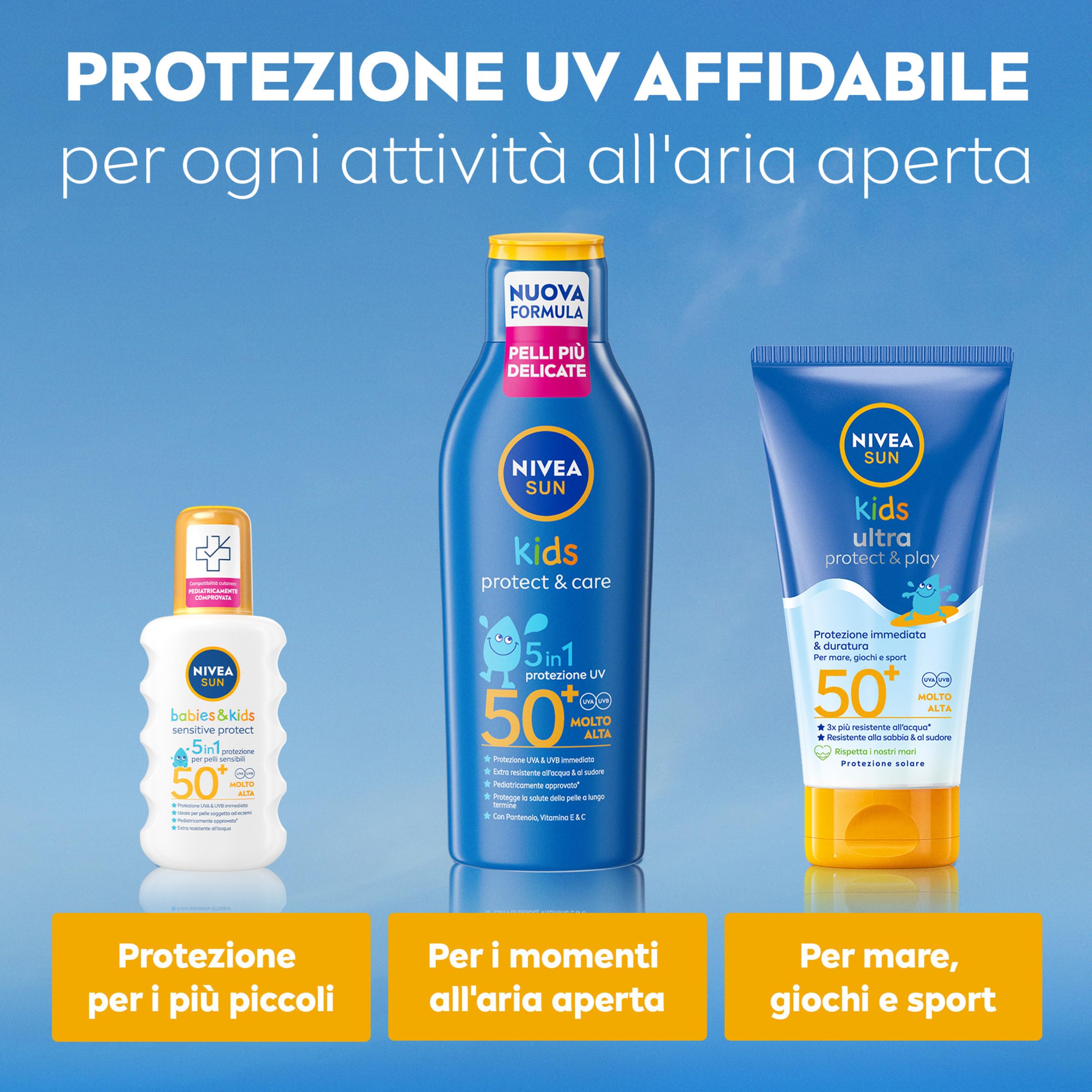 NIVEA SUN Kids Protect & Care SPF 50+ 200 ml, Crema solare 50 bambini 3+ anni per la pelle delicata, Protezione solare 50 bambini extra resistente all'acqua e al sudore con Pantenolo, Vitamina C & E