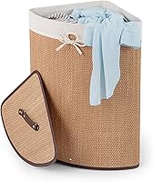 Vista 1 de GOFLAME Cesta esquinera de bambú para la ropa sucia con tapa y forro extraíble, cesta de almacenamiento para ropa de lavado con asa, adecuada