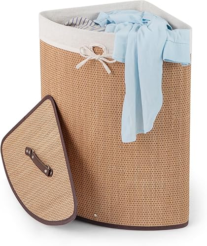 GOFLAME Cesta esquinera de bambú para la ropa sucia con tapa y forro extraíble, cesta de almacenamiento para ropa de lavado con asa, adecuada para