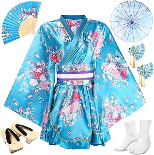 8 Pcs Kimono Costume for Women Japanese Geisha Yukata with Belt Wooden Clog Parasol Hairstick Folding Fans Tabi Sock