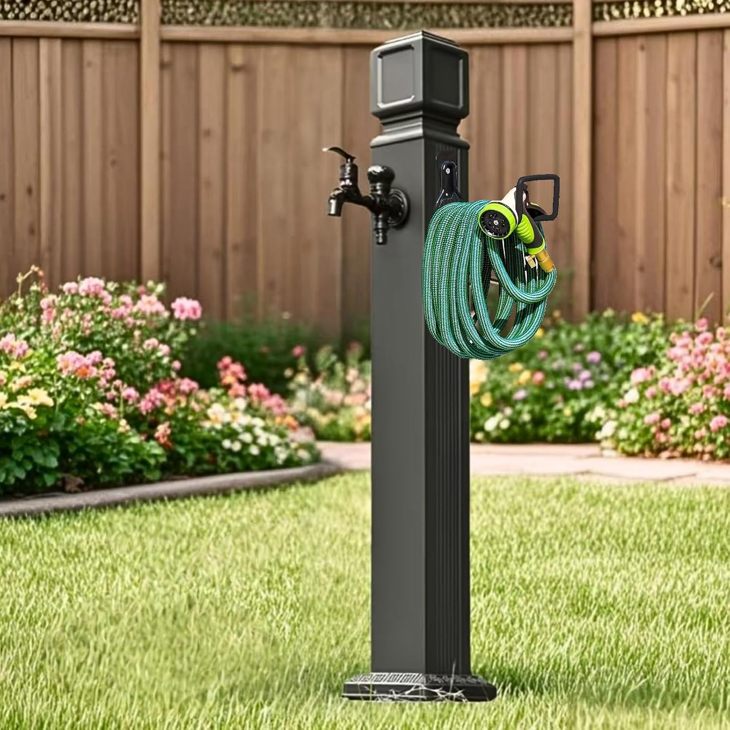 Outdoor Water Column Garden Water Tap, Antifreeze Hose Faucet Extender Water Column with Faucet & Spray Gun, Decorative Water Feature Fountain Water Dispenser Hydrant (Black, 39in)