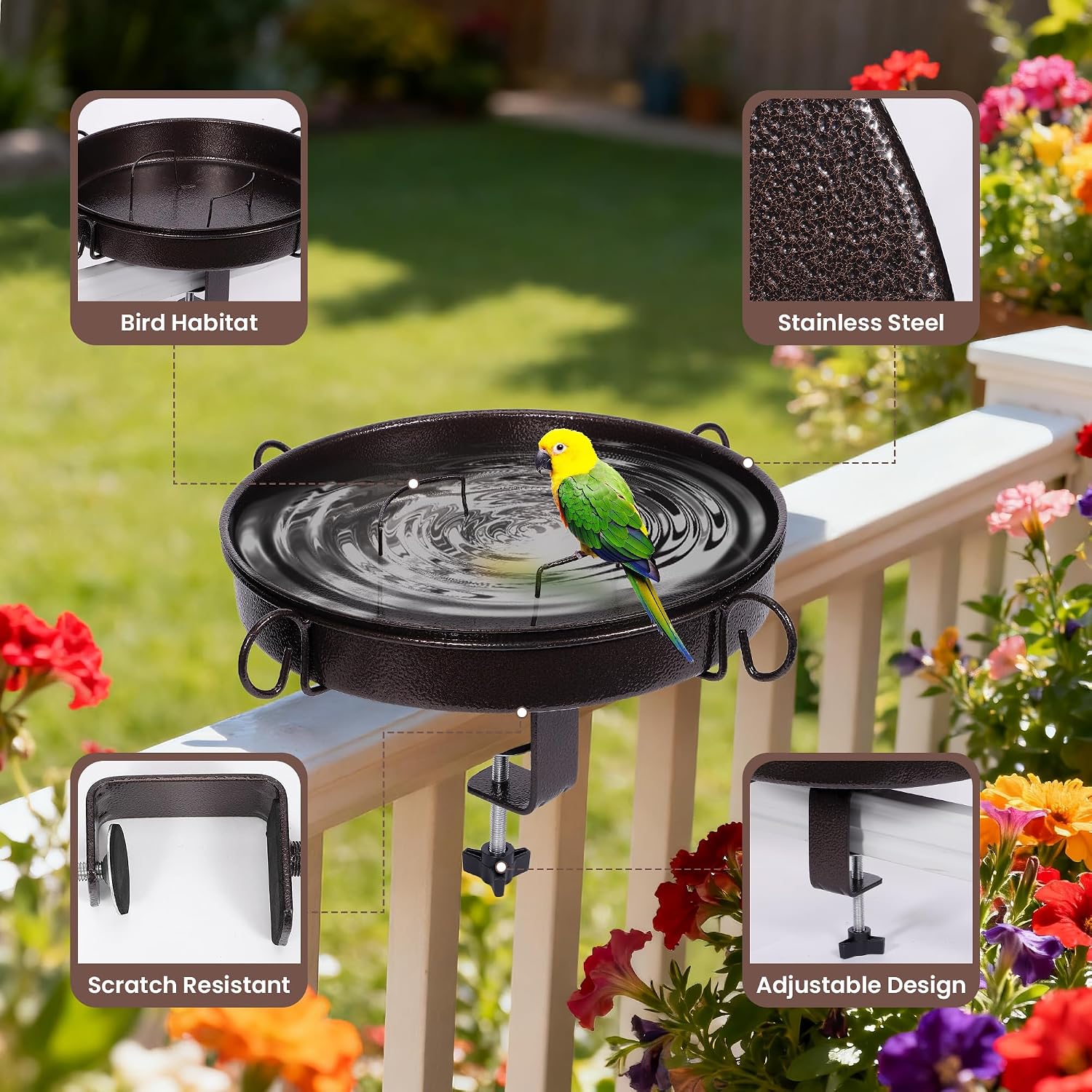 12 Inch Deck Mounted Bird Bath with Clamp for Railing, Fence