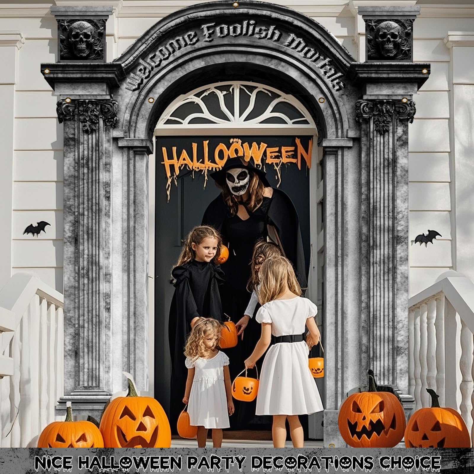 TEASIK Halloween Banner 'Welcome Foolish Mortals' – Großformatige Geisterhaus-Deko Für Tür & Wand, 2,2x1,7 M