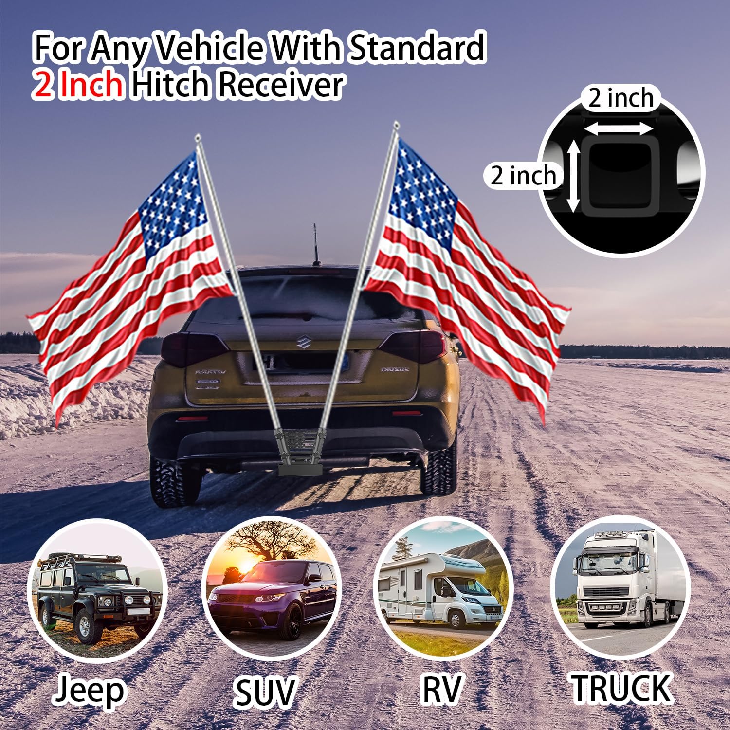 Heavy Duty Hitch Receiver Flagpole Holder with 11.8 Inch Insert, Dual Pole Design - Suitable for 2-inch Square Receiver, for Any Flagpole from 0.75 to 1.3inch