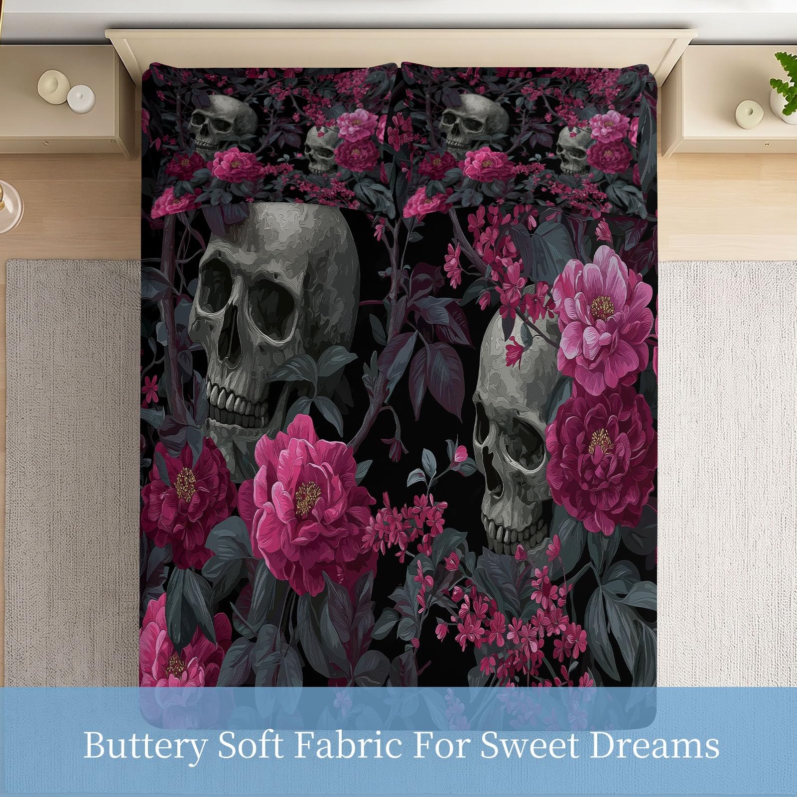 Juego de sábanas bajeras de 3 piezas, 140 x 200 cm, diseño de calavera y flores góticas, de microfibra, horror, gótica, suave, agradable al tacto, transpirable, colchones de hasta 30 cm de altura