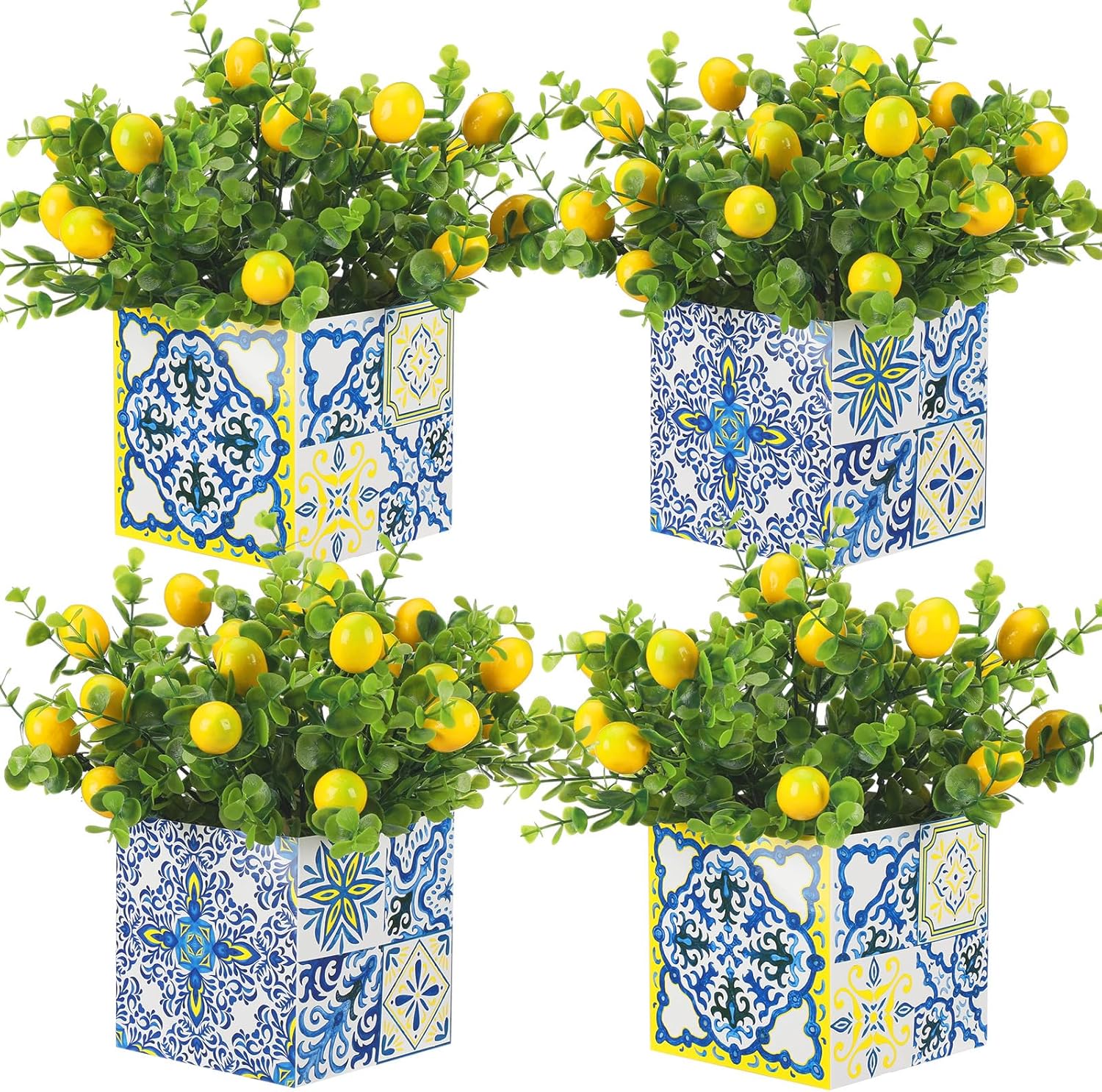 Giegxin Blue Tiles Lemon Table Centerpiece Decor Amalfi Coast Box Decorations with Artificial Lemon Branches for Capri Mediterranean Positano Wedding Birthday Party Decor(4 Sets)