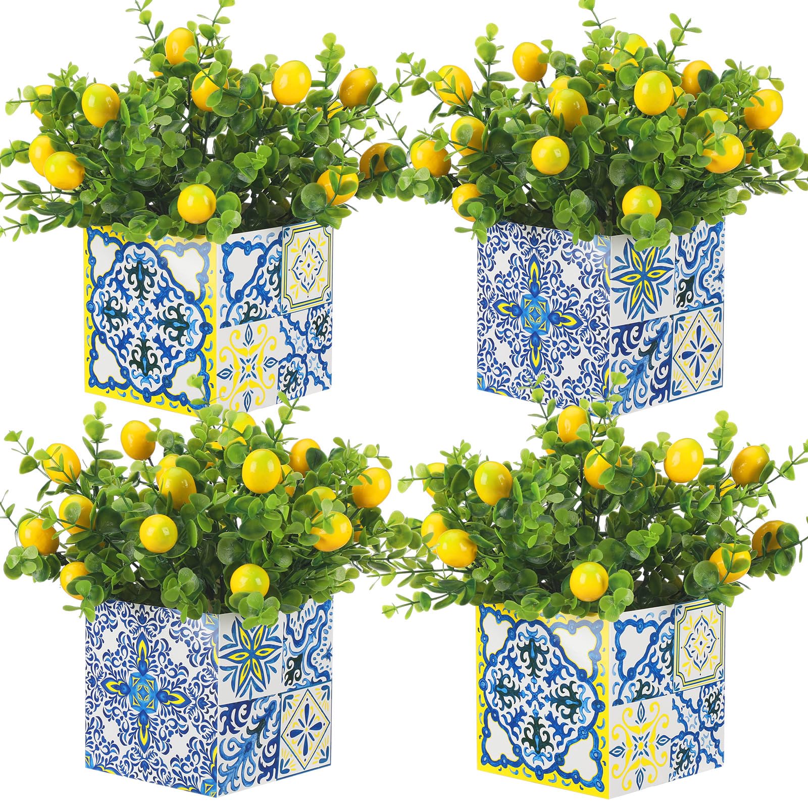 Centre de table branches de citron artificielles et carreaux bleus : cadeau déco de mariage