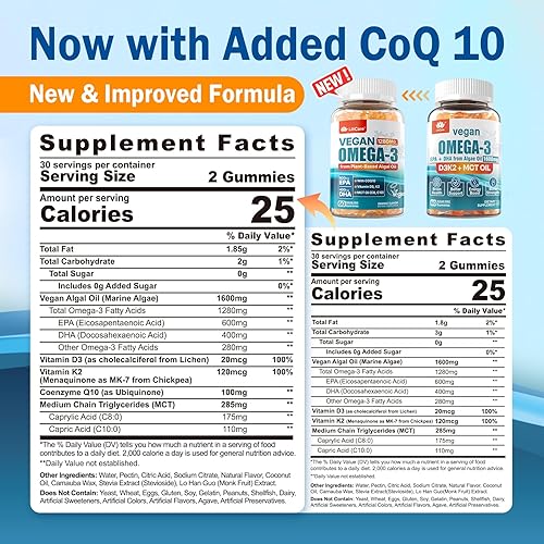 Miniatura 2 de Gomitas veganas Omega-3 de 1280 mg + CoQ10 + vitamina D3 K2 (MK7), alternativa de aceite de pescado Omega 3 para adultos con EPA 600 mg DHA 400 mg y