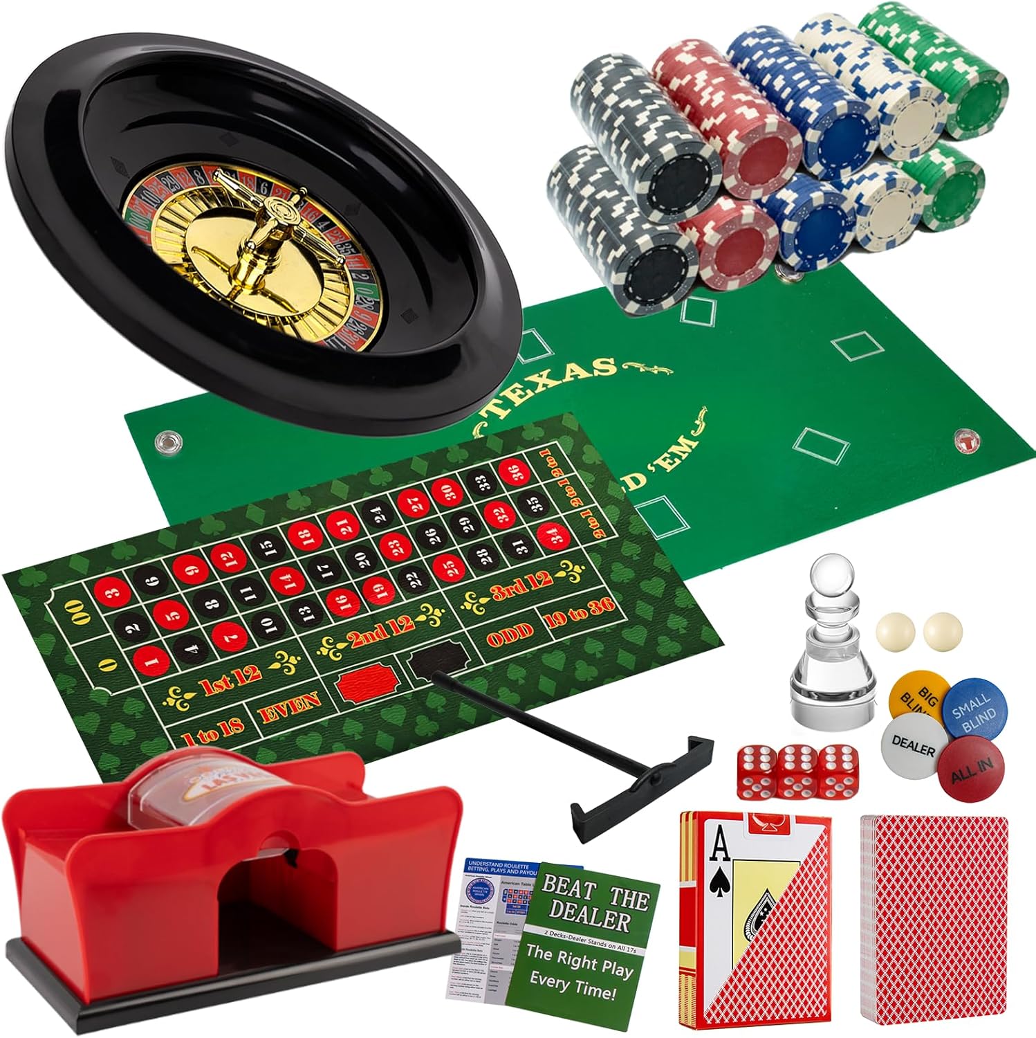 5 in 1 Casino Game Complete Set: 250 Pro Poker Chips+Silent Card Shuffler, Blackjack+Roulette Wheel+Craps+Texas Holdem+Poker Kit,Table Game Mat+Playing Card+Dice+Casino Accessory