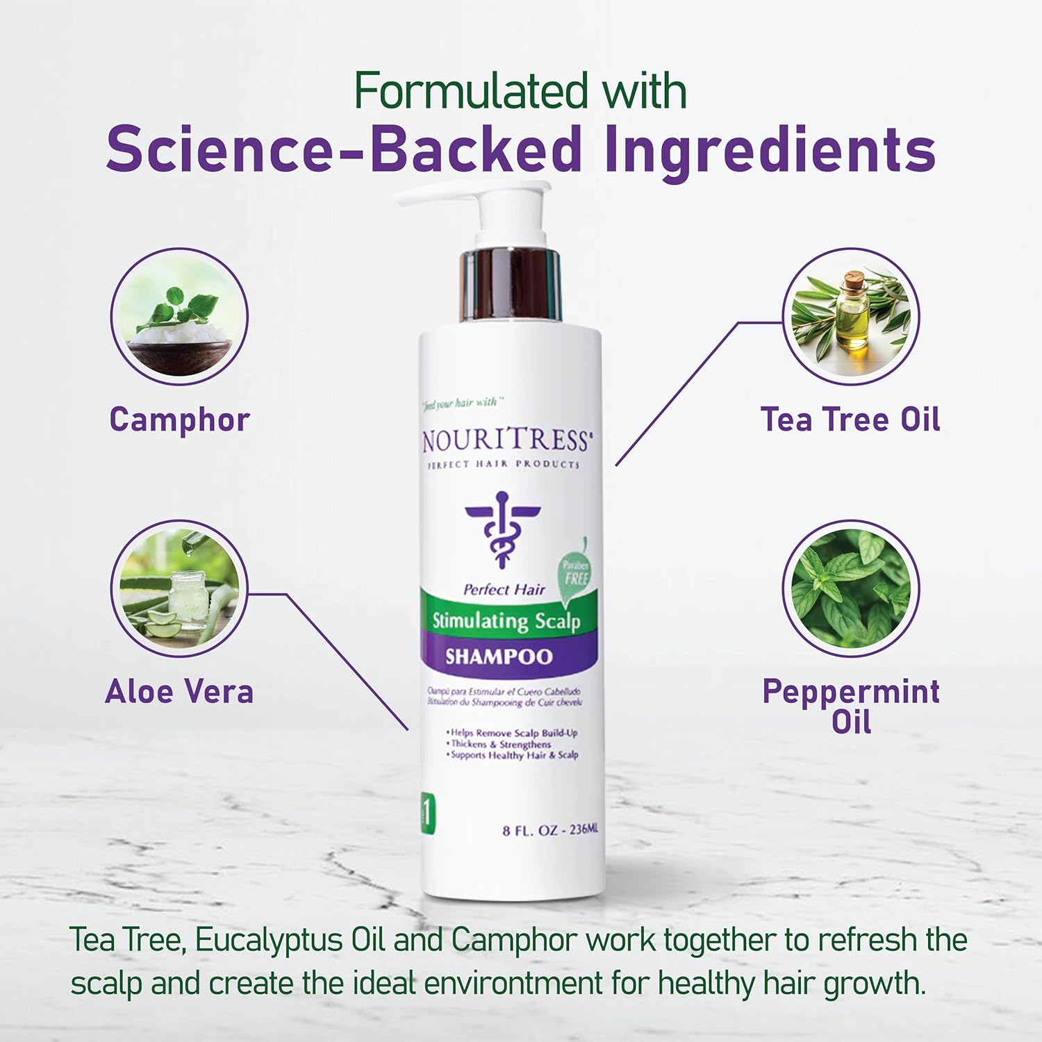 NouriTress Stimulating Scalp Shampoo - Itchy, Dry Scalp Shampoo, Promotes Hair Growth with Camphor, Peppermint & Tea Tree Oil - Deeply Cleanses, Reduces Build-up, Nourishes & Strengthens Hair - 8 oz