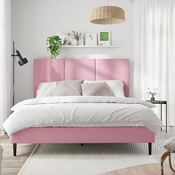 IOILORI Full Size Bed Frame with Upholstered Headboard, Sturdy Wood Slats, No Box Spring Required, Silent, Easy Assembly,Pink