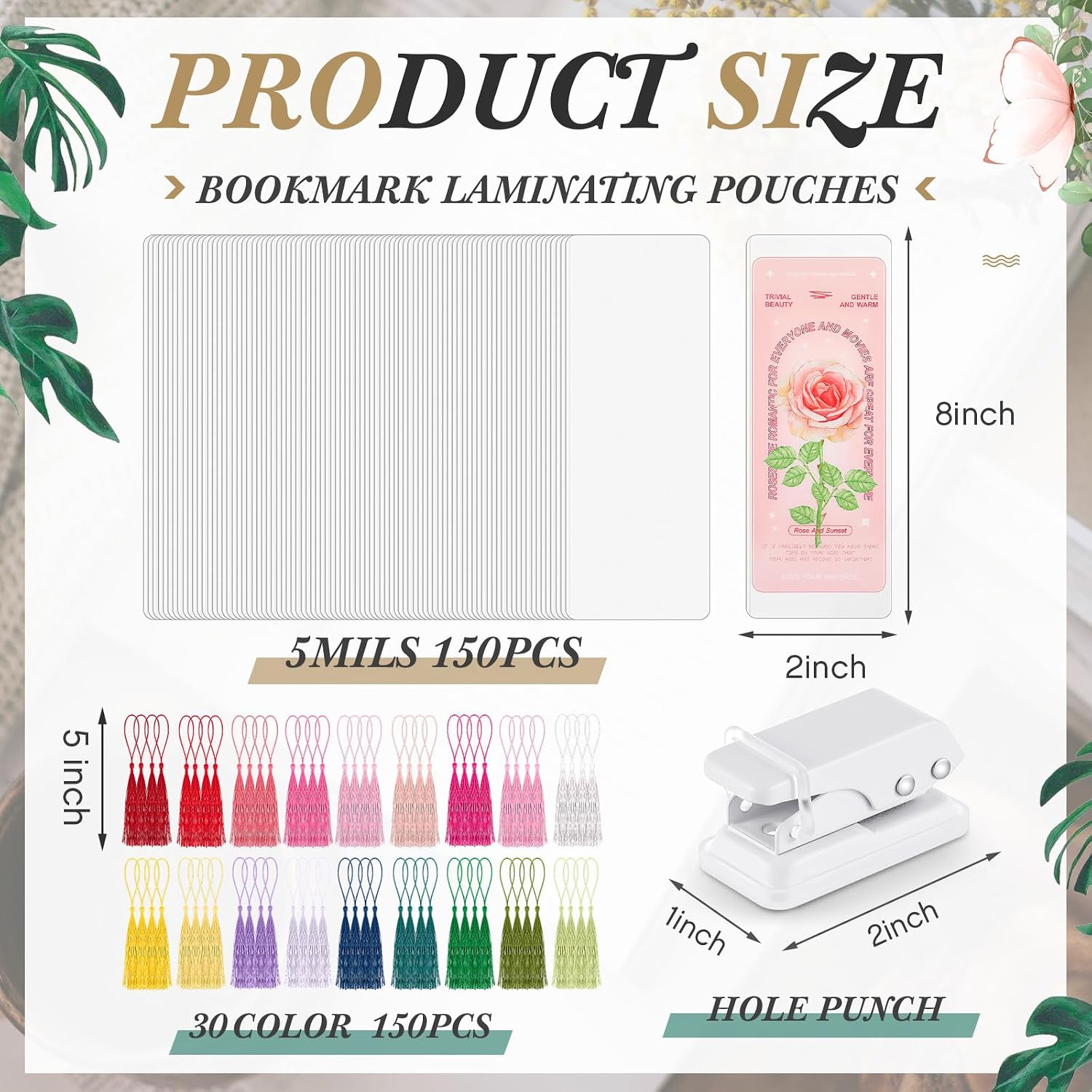 Fuyoooo 301 Pcs DIY Bookmark Making Kit 150 Bookmark Laminating Pouches 5 Mil Hot Laminator Sleeves with 150 Rainbow Tassels and Puncher Fit Most Pouch Laminating Machines(2.36 x 8.5 Inches)