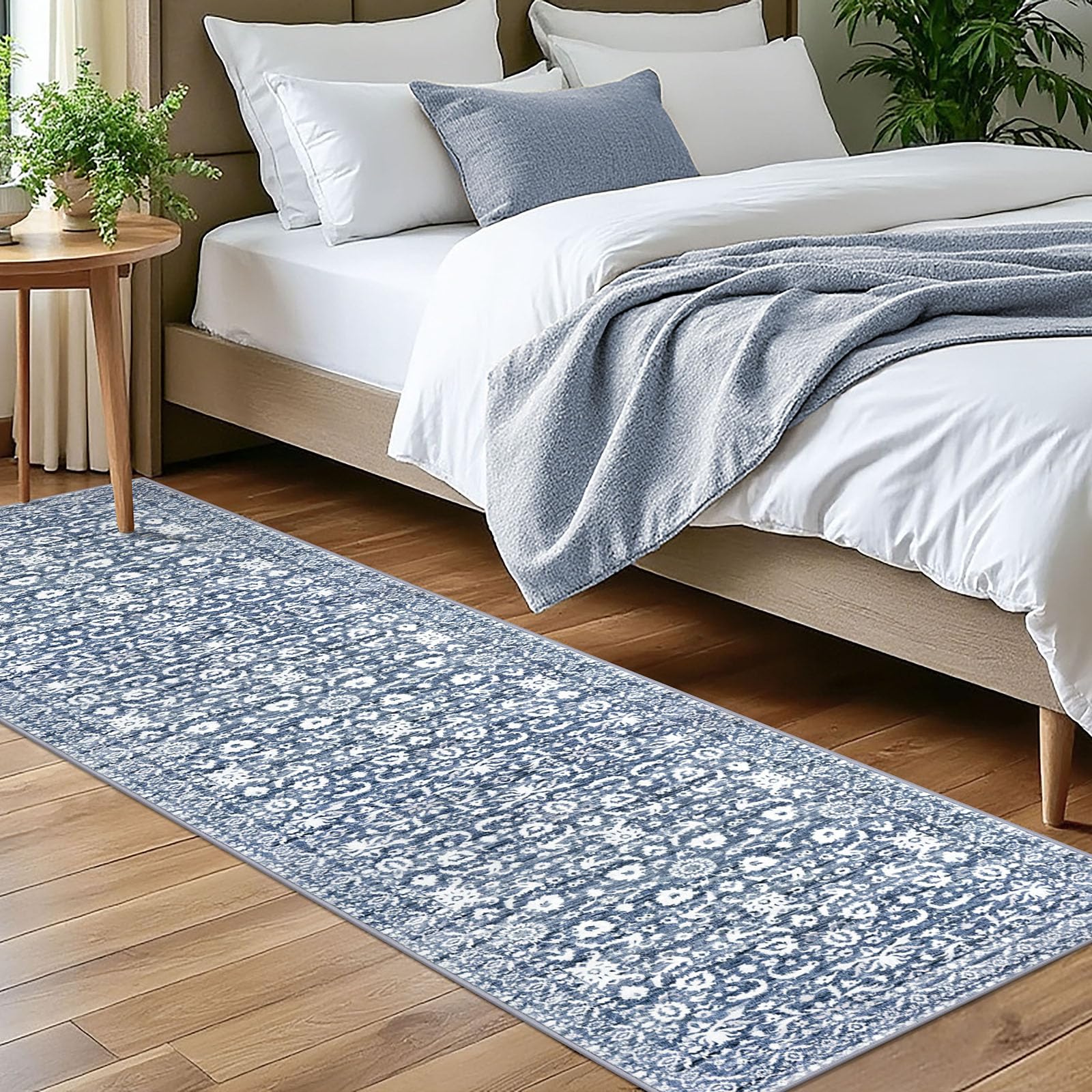 Lansny Vintage Floral 2x7 Runner Rug, Light Blue White Washable Bedroom Runner Rug Non-Slip Hallway Kitchen Runner Super Soft Thin Printed Faux Wool