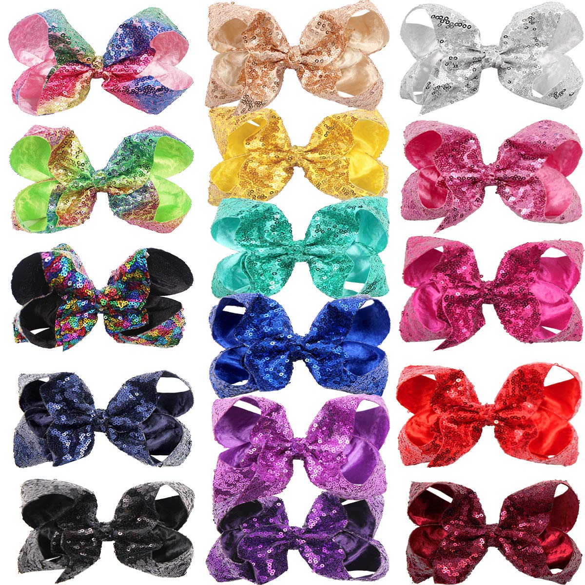 16Pack Sequin Hair Bows Clips 8Inch Large Big Sparkly Glitter Sequin Rainbow Bows Alligator Hair Clips Rainbow Hair Bows for Girls Toddlers Kids Children Teens