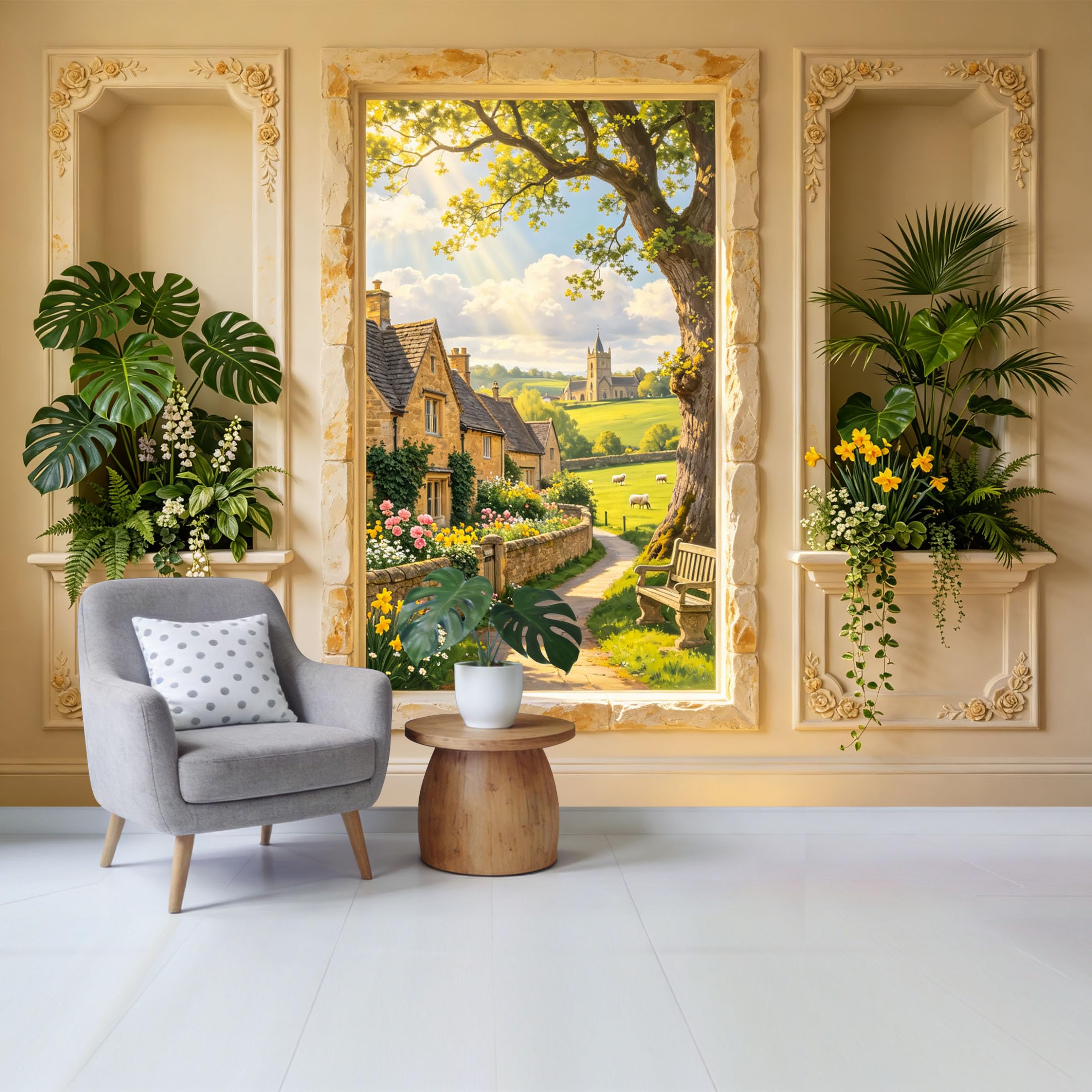 Custom Size Wall Mural Countryside Landscape Cottage Garden Path with Church View Removable Self Adhesive Fabric Home Wall Decor for Living Room Bedroom Bathroom