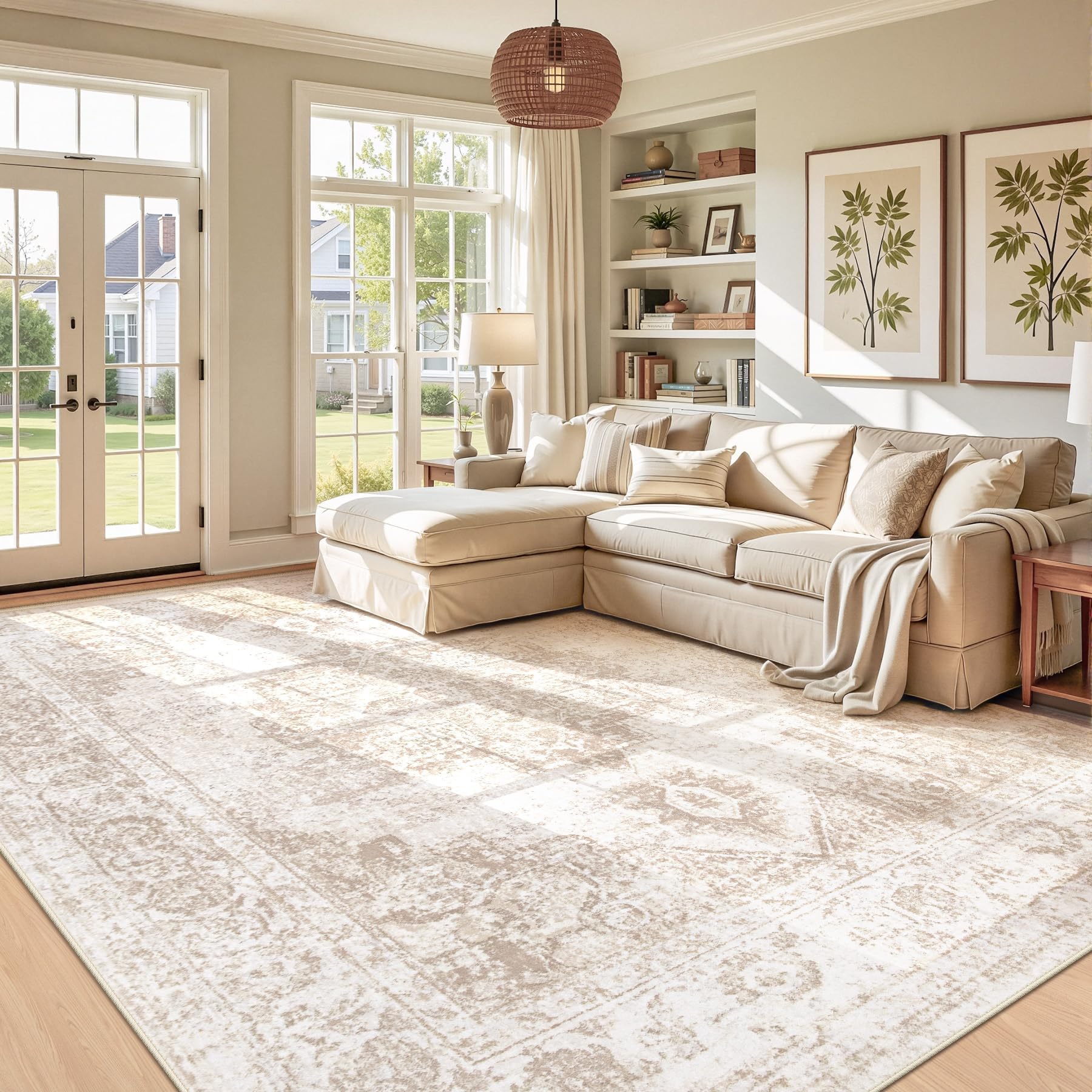 Photo 1 of Area Rug 9x12 Vintage Rug: Large Washable Indoor Medallion Rugs Low Pile Distressed Floor Carpet Retro Accent Rug for Living Room Bedroom Kitchen Dining Table Home Office(Beige, 9'x12')