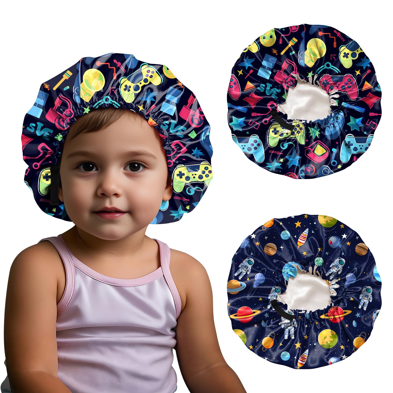 BHAHB 2 Stück Kinder Satinhaube Bonnets,Verstellbares mit Elastisch Doppelschichtiges Satin haarhaube,Niedlich Design für Junge und Mädchen