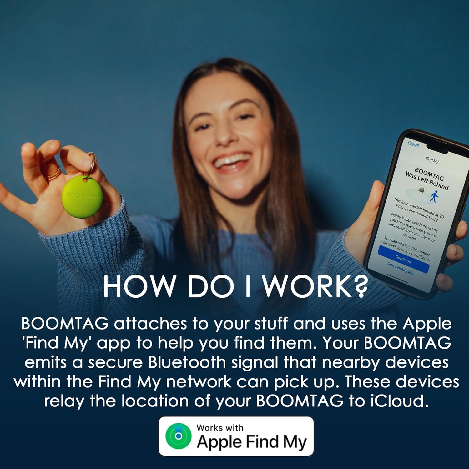 Woman holding a green Boompods Boomtag and an iPhone displaying the Find My app