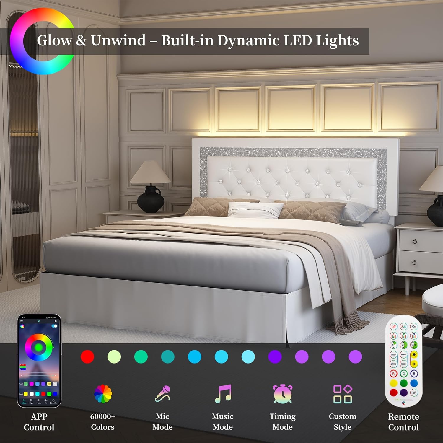 SIBEDS Queen Bed Frame with Adjustable Headboard, Upholstered Platform Bedframe with LED Lights and Skirt, Diamond Button Tufted Mattress Foundation with Wooden Slats Support, Easy Assembly, PU White
