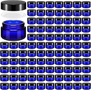 Domensi 100 Pcs 1 oz Glass Jars with Lids Bulk Round Glass Cosmetic Jars for DIY Lip Balm Small Travel Containers with Inner Liner for Lotions Powders Ointments Sample Cream(Cobalt Blue, Black)