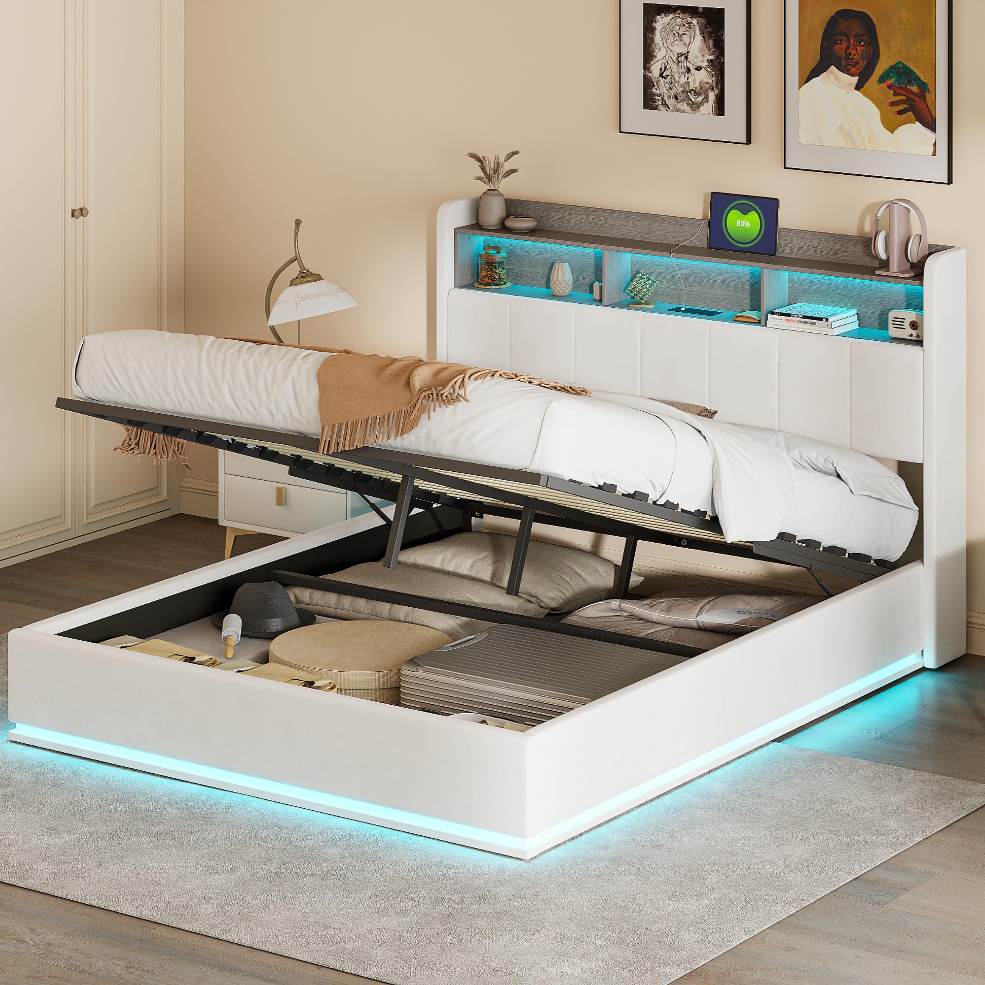 KeepGoon Letto matrimoniale contenitore 160x200 cm, letto imbottito in velluto bianco con rete a doghe, sollevamento idraulico, testiera con vani, LED e USB