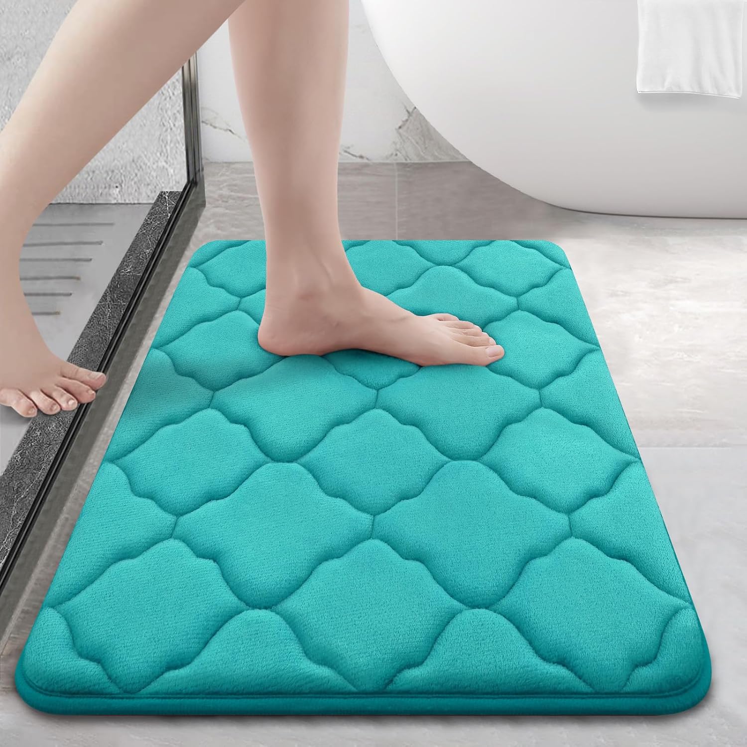 OLANLY Memory Foam Bath Rugs and Toilet Rug U-Shaped, Bath Rug Size 24x16 and Bathroom Rug Set Size 51x76+41x61+51x61U in Teal, 4 Item Bundle
