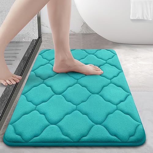 OLANLY Memory Foam Bath Mat Rug 24x16, Ultra Soft and Absorbent Bathroom Rugs, Non-Slip, Comfortable, Machine Washable Bath Carpet for Bathroom Floor, Tub, Shower and Home Decor Accessories, Teal