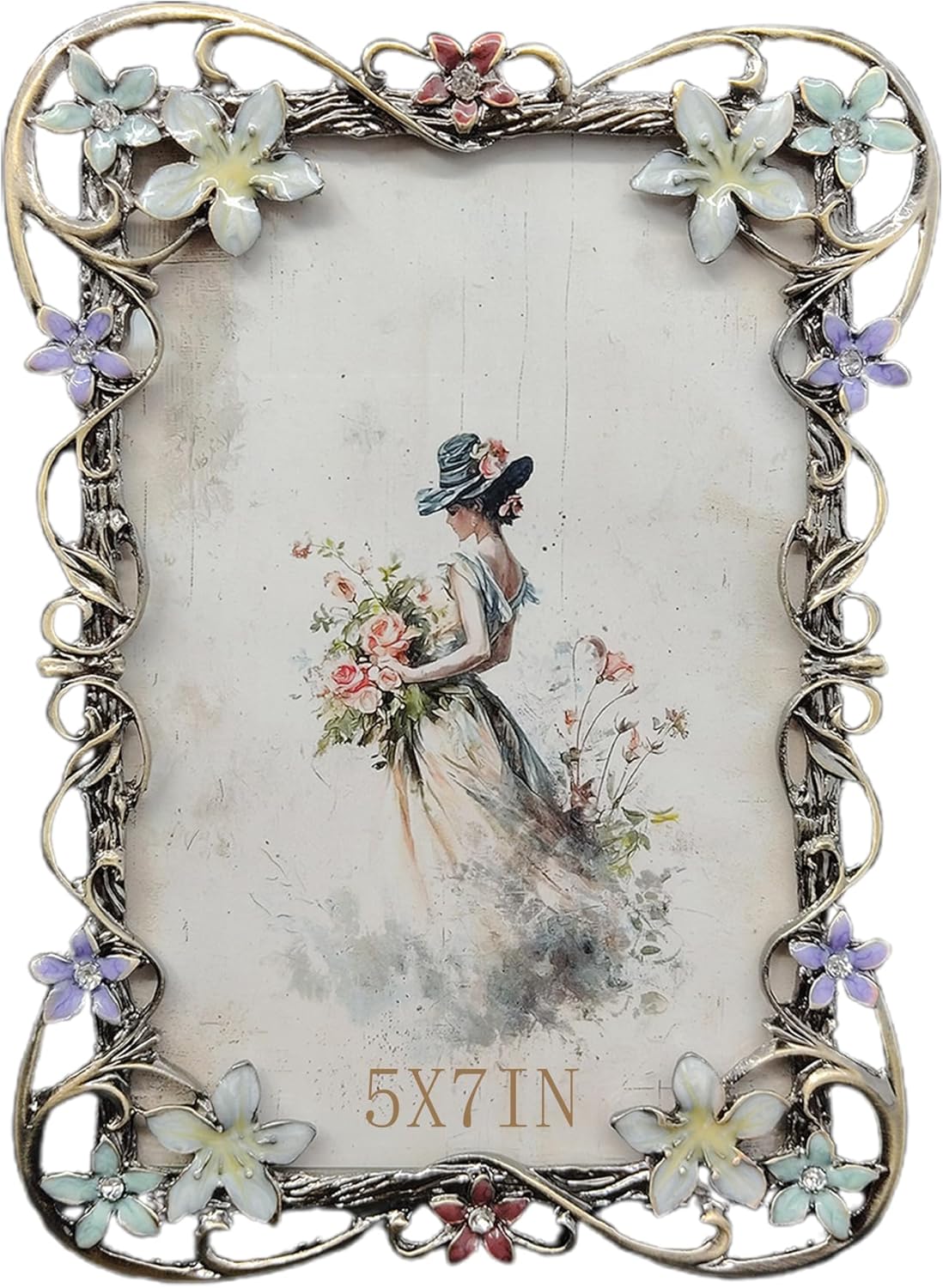 Vintage 5X7 Floral Picture Frames Luxury Unique Ornate Antique Metal Photo Frame of HD Glass for Tabletop/Wall Display Gifts for Women (Retro Colored Flowers)