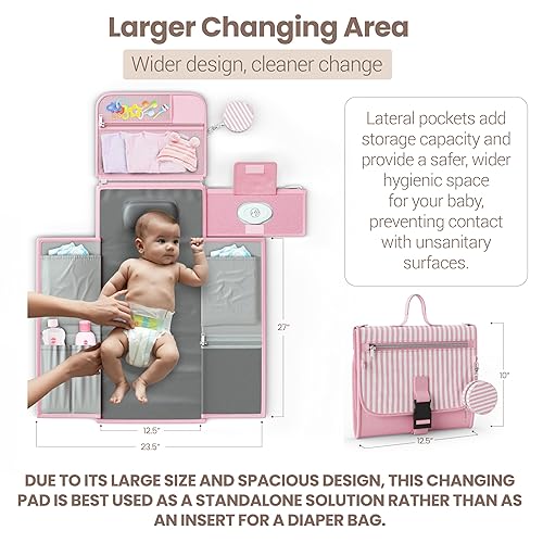 Miniatura 4 de Cambiador de pañales portátil, grande, impermeable, cambiador de viaje para bebé con almacenamiento adicional, bolsillo para toallitas y funda para